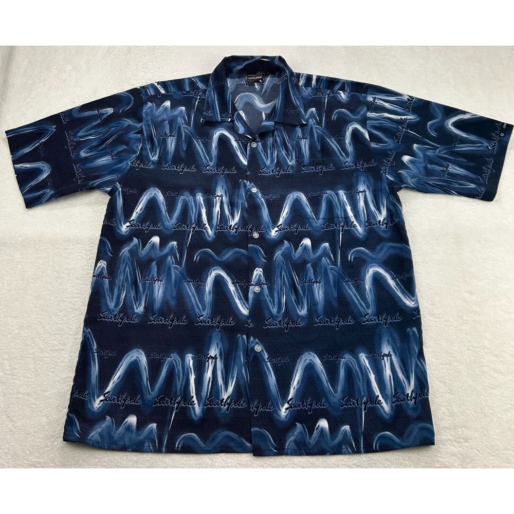 Southpole shirt Men L Blue Spellout Wave Short Sleeve Button Up Camp Shirt‎ VTG